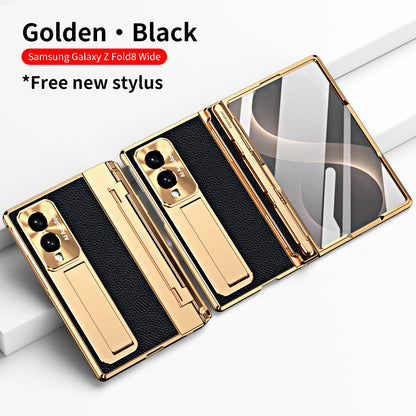 Luxury Leather Magnetic Bracket Shell Electroplated Phone Case With Screen Protector For Galaxy Z Fold8 Wide Ultra