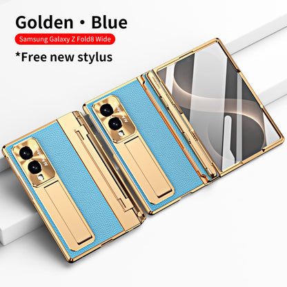 Luxury Leather Magnetic Bracket Shell Electroplated Phone Case With Screen Protector For Galaxy Z Fold8 Wide Ultra