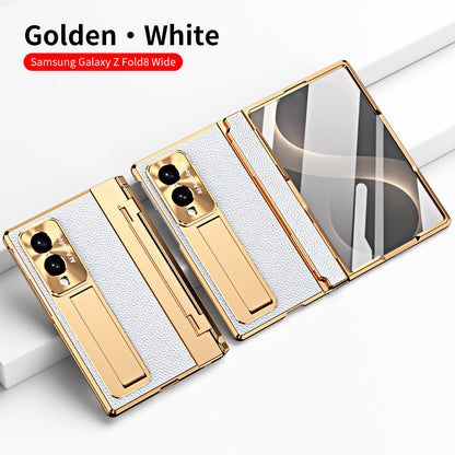 Luxury Leather Magnetic Bracket Shell Electroplated Phone Case With Screen Protector For Galaxy Z Fold8 Wide Ultra