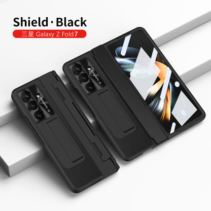 Luxury Leather Magnetic Bracket Shell Electroplated Phone Case For Galaxy Z Fold 7/6/5/4/3 With Back Screen Glass