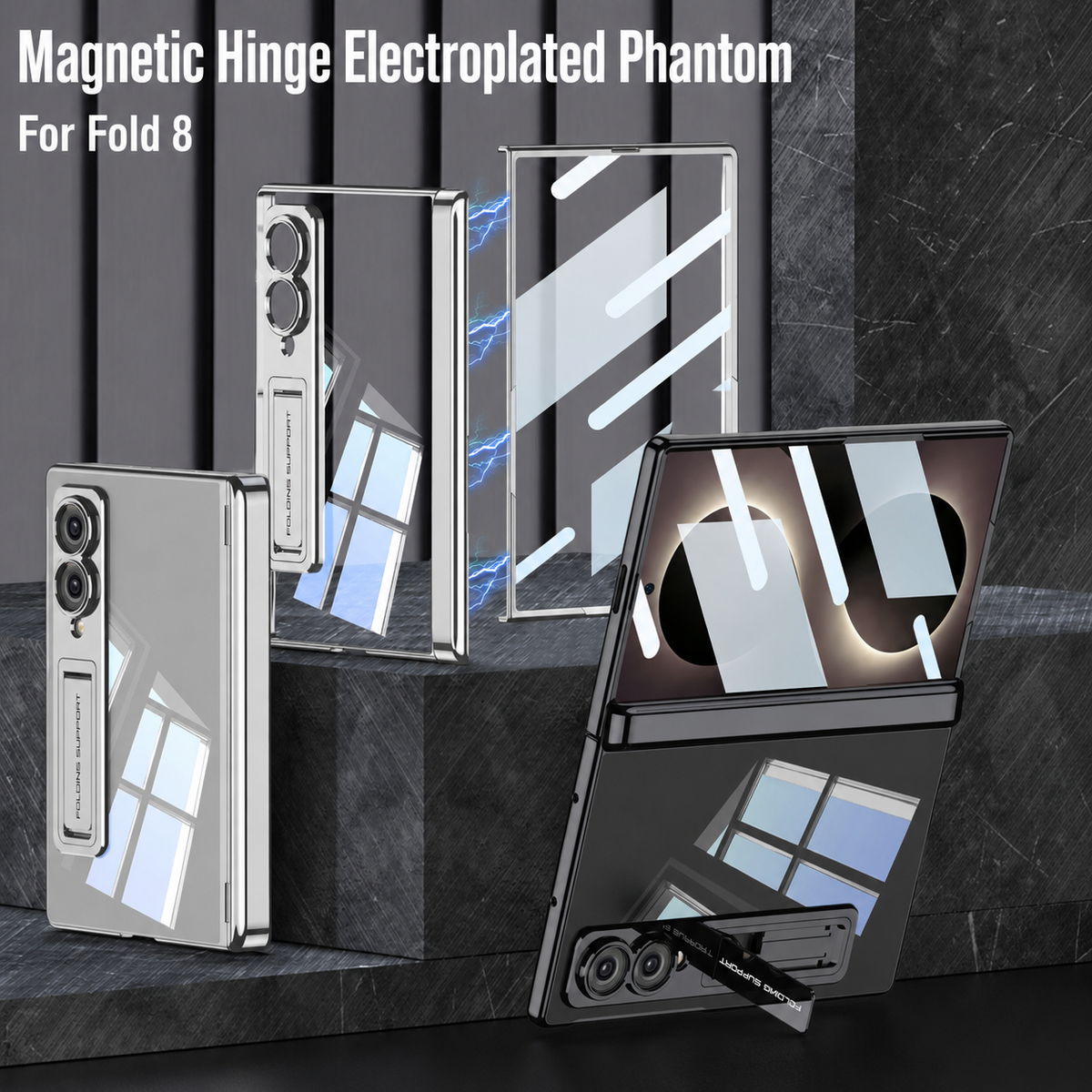 Magnetic Hinge Protective Clear Phone Case with Built-In Tempered Glass & Bracket For Galaxy Z Fold8 Wide Ultra
