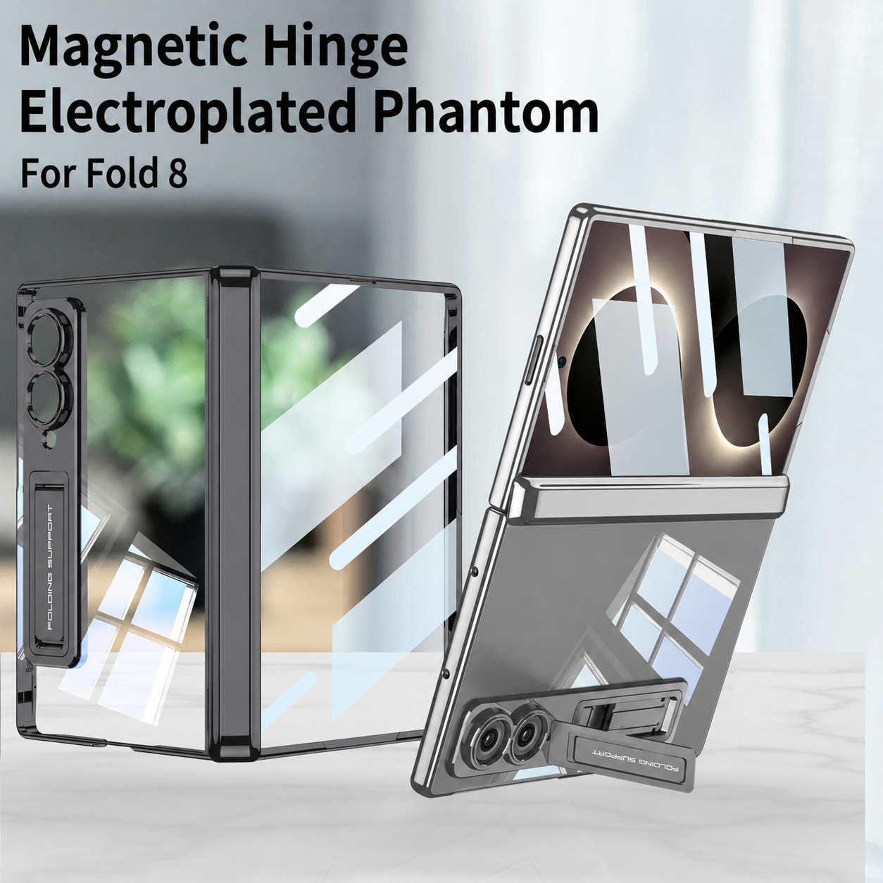 Magnetic Hinge Protective Clear Phone Case with Built-In Tempered Glass & Bracket For Galaxy Z Fold8 Wide Ultra