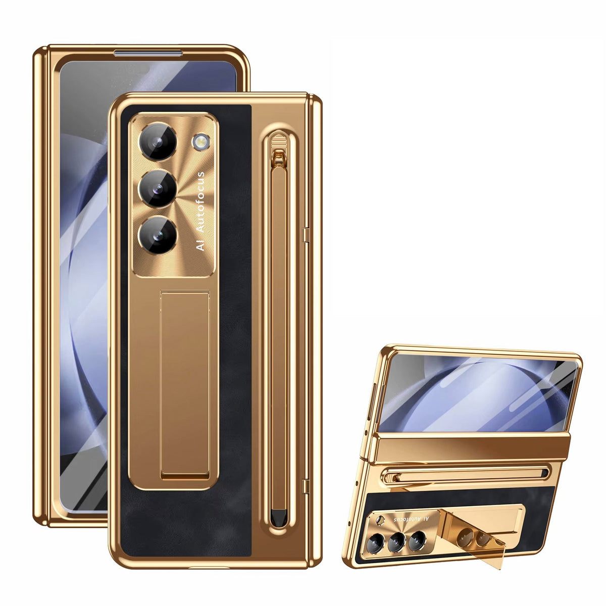 Leather Golden Electroplated Phone Case With Back Screen Glass and Stylus For Galaxy Z Fold8 Wide Ultra