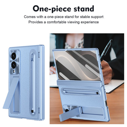 Golden Electroplated Leather Phone Case With Built-in Tempered Glass & Stylus For Galaxy Z Fold8 Wide Ultra
