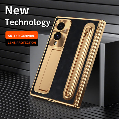 Golden Electroplated Leather Phone Case With Built-in Tempered Glass & Stylus For Galaxy Z Fold8 Wide Ultra