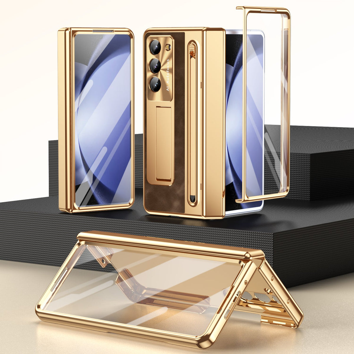 Leather Golden Electroplated Phone Case With Back Screen Glass and Stylus For Galaxy Z Fold8 Wide Ultra