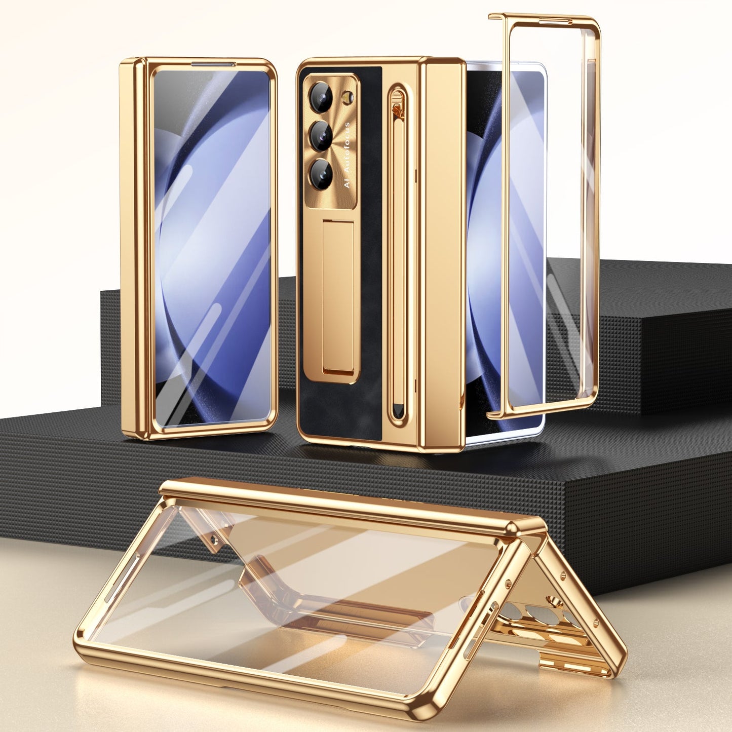 Leather Golden Electroplated Phone Case With Back Screen Glass and Stylus For Galaxy Z Fold8 Wide Ultra