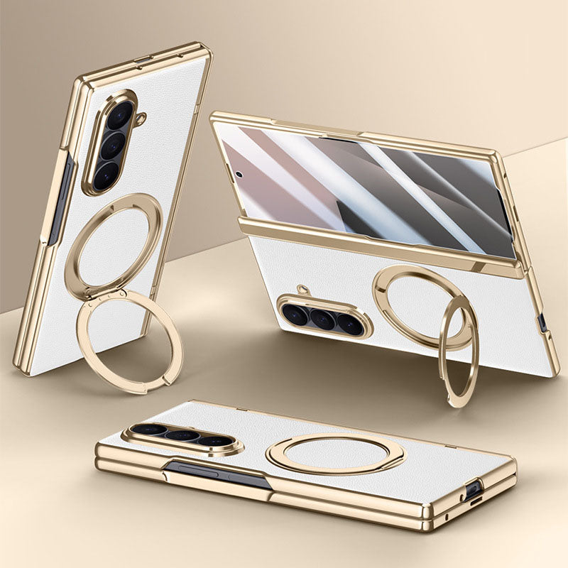 Luxurious Leather Golden Plating Phone Case with Built-In Tempered Glass & Magnetic Bracket For  Galaxy Z Fold8 Wide Ultra