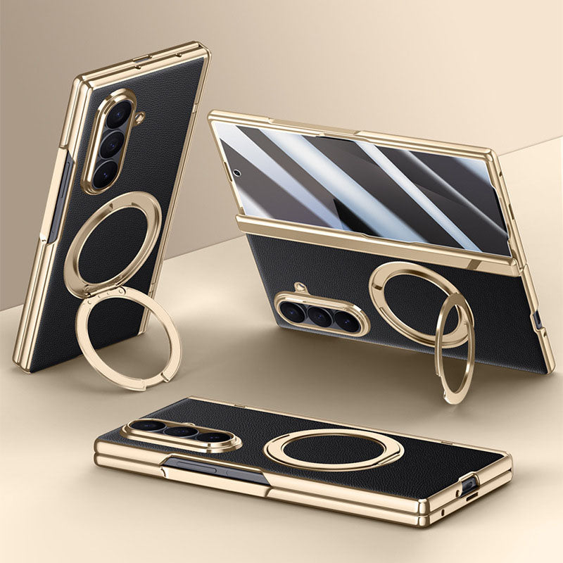 Luxurious Leather Golden Plating Phone Case with Built-In Tempered Glass & Magnetic Bracket For  Galaxy Z Fold8 Wide Ultra