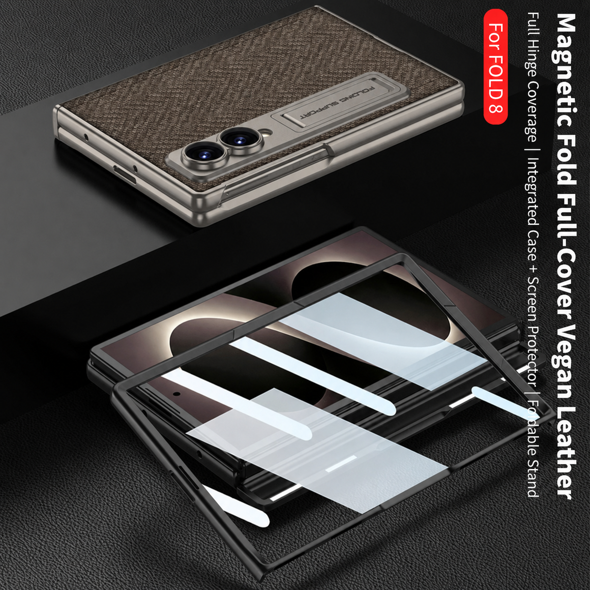Luxurious Leather Phone Case with Built-In Tempered Glass & Bracket For Galaxy Z Fold8 Wide Ultra