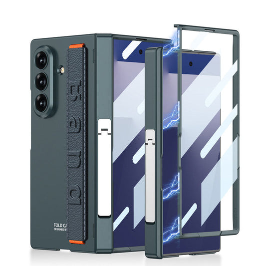Business-style Magnetic Hinge Barcket Phone Case With Wristband For Galaxy Z Fold7