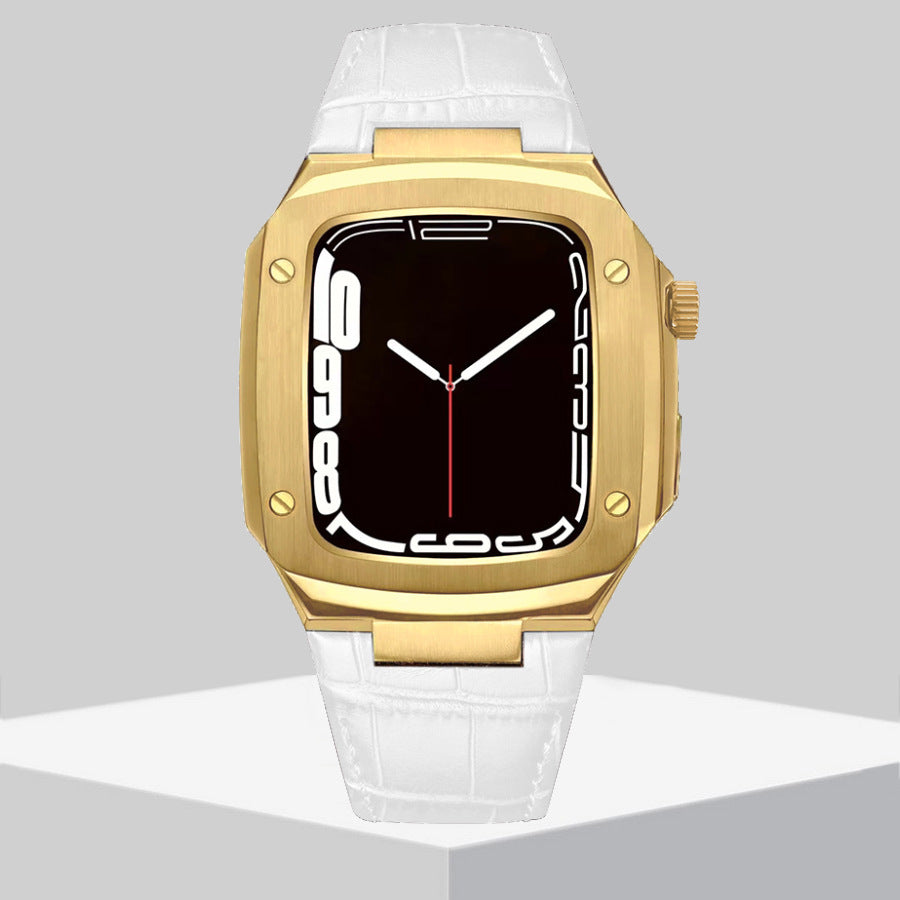 Luxury Metal Case Leather Strap For Apple Watch Series 44/45 mm - mycasety2023 Mycasety