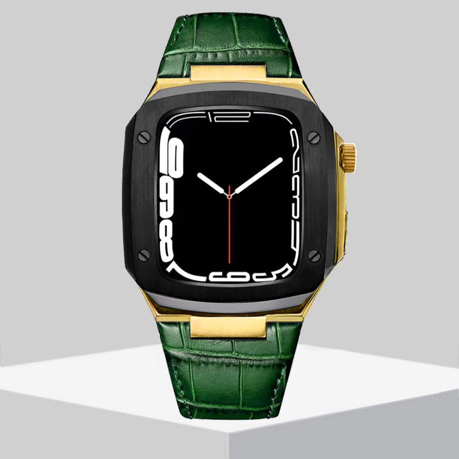 Luxury Metal Case Leather Strap For Apple Watch Series 44/45 mm - mycasety2023 Mycasety