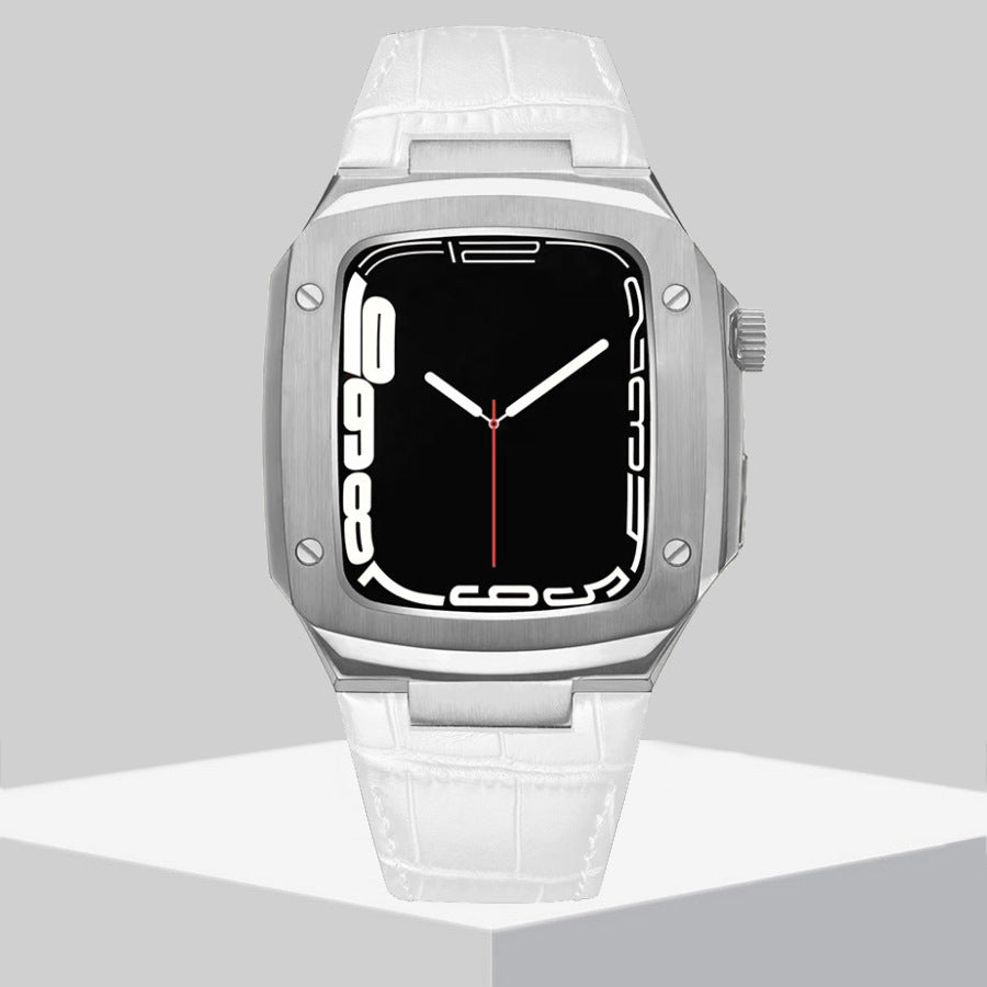 Luxury Metal Case Leather Strap For Apple Watch Series 44/45 mm - mycasety2023 Mycasety