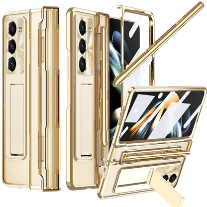 Electroplated Clear PC Galaxy Z Fold5 Fold4 Fold3 Case with Front Screen Protector & Flat Hinge & Hidden Stand And Pen Slot and Free Stylus