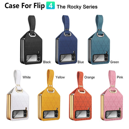 Rhombus Textured Phone Case With Hand Strap And Back Screen Protection For Samsung Galaxy Z Flip5 Flip4 Flip3 5G