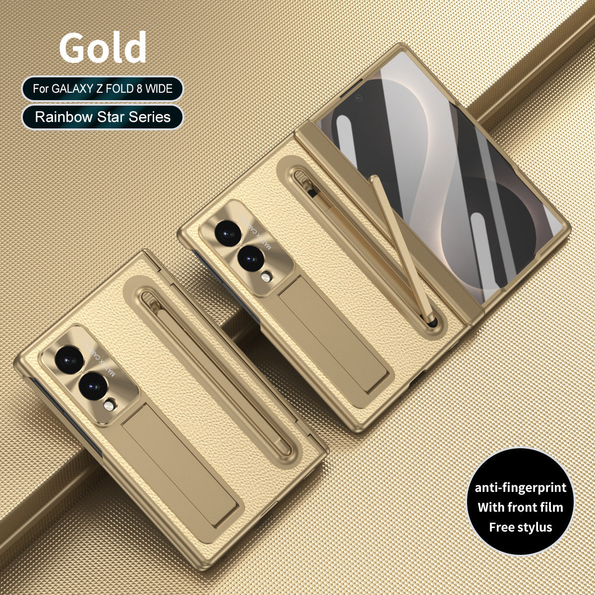 Golden Electroplated Leather Phone Case With Built-in Tempered Glass & Stylus For Galaxy Z Fold8 Wide Ultra