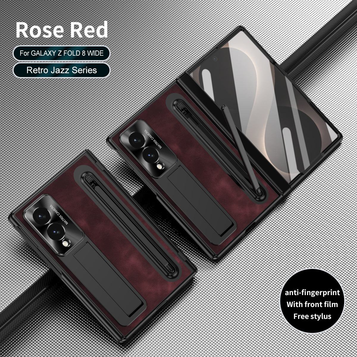 Jazz Retro Style Protective Leather Phone Case For Galaxy Fold8 Wide Ultra With Built-in Tempered Glass Film & Pen-slot & Stylus