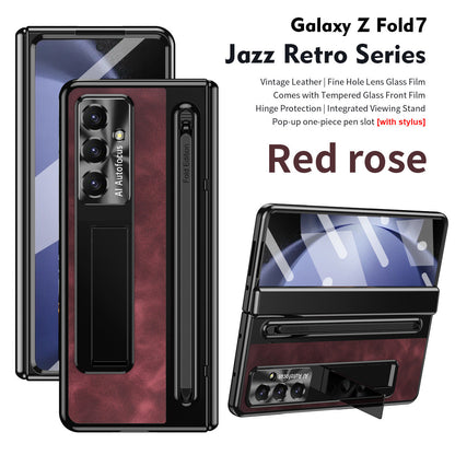 Jazz Retro Style Anyi-fall Protective Leather Phone Case For Galaxy Fold 7/6/5/4 With Front Protection Film And Stylus
