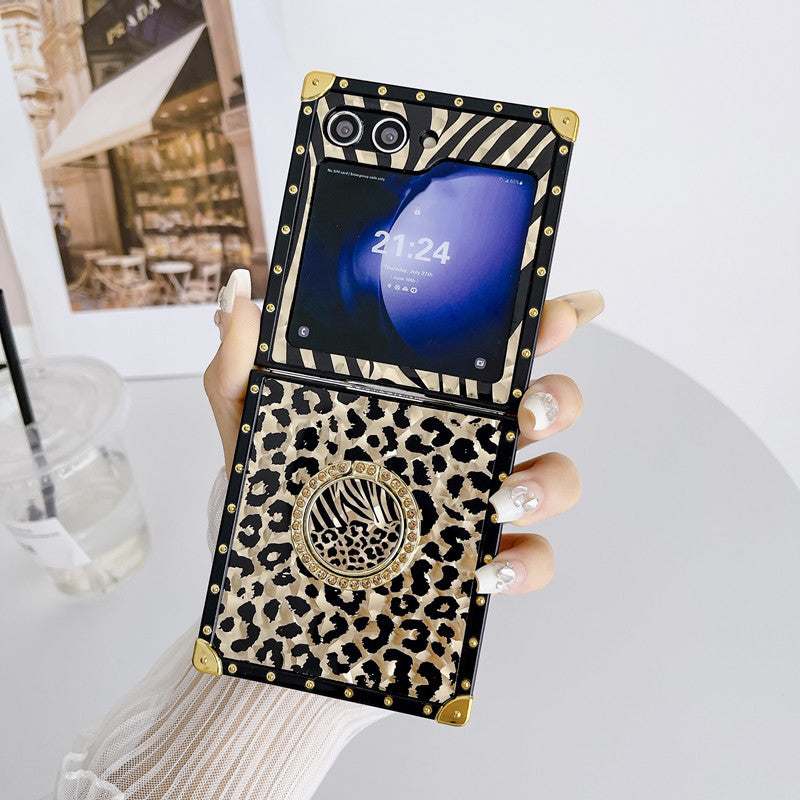 Luxury Leopard Pattern Stripe Glitter Gold Square Case For Samsung Galaxy Z Flip5 Flip4 Flip3