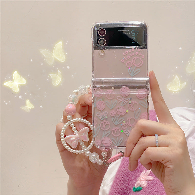 Tulip Flowers Glitter Phone Case With Wristband For Samsung Galaxy Z Flip3 Flip4 Flip5 5G - {{ shop_name}} varyfun