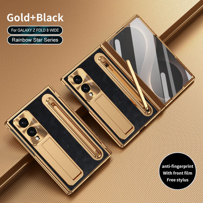 Golden Electroplated Leather Phone Case With Built-in Tempered Glass & Stylus For Galaxy Z Fold8 Wide Ultra