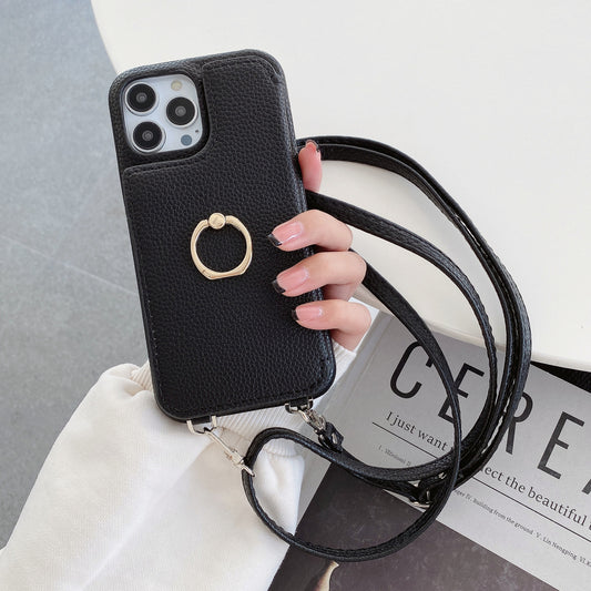 Luxurious Leather Card Holder Anti-fall Protective iPhone Case With Lanyard & Mirror