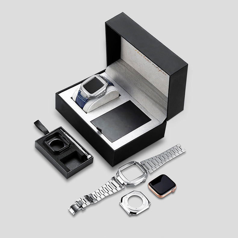 Luxury Metal Case Leather Strap For Apple Watch Series 44/45 mm - mycasety2023 Mycasety