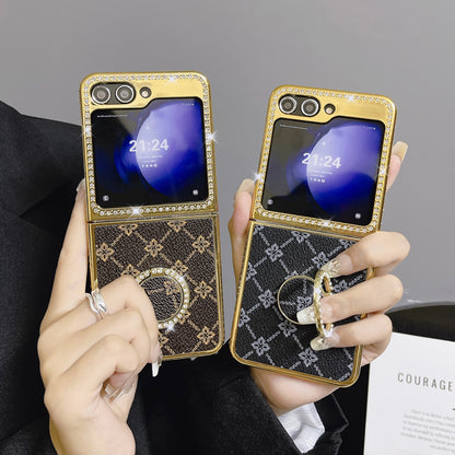 Luxurious Gold Electroplated Leather Protective Phone Case With Ring Holder For Samsung Galaxy Z Flip5 Flip4 Flip3