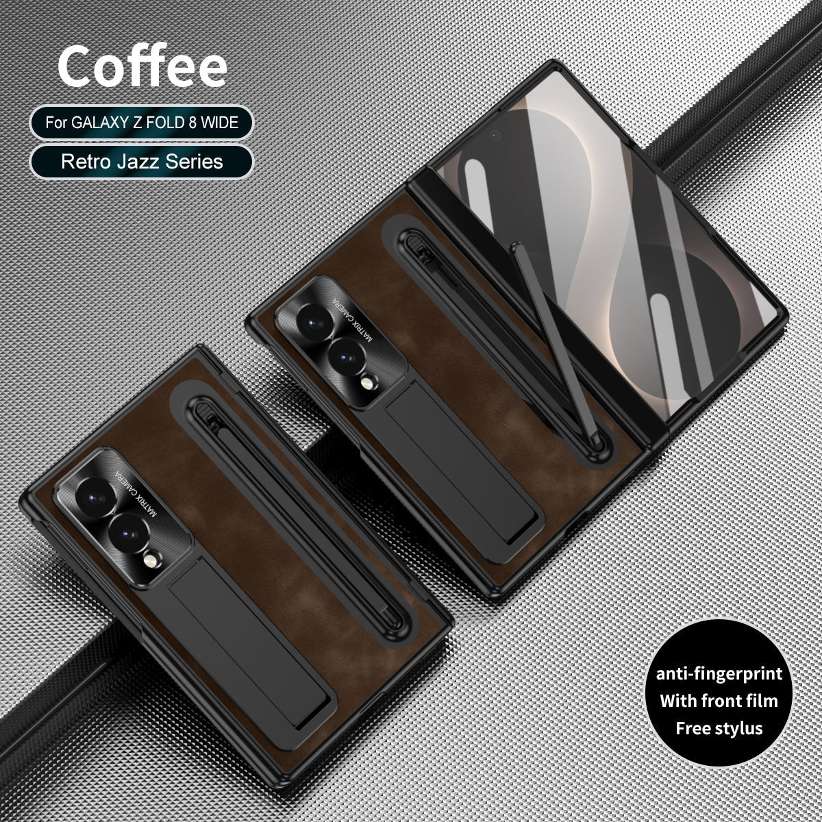 Jazz Retro Style Protective Leather Phone Case For Galaxy Fold8 Wide Ultra With Built-in Tempered Glass Film & Pen-slot & Stylus