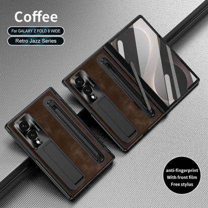 Jazz Retro Style Protective Leather Phone Case For Galaxy Fold8 Wide Ultra With Built-in Tempered Glass Film & Pen-slot & Stylus