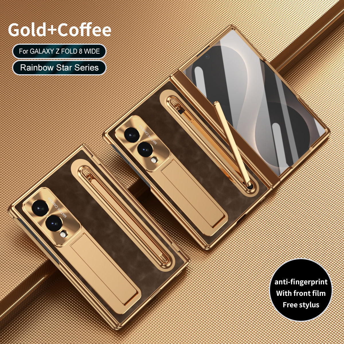 Leather Golden Electroplated Phone Case With Back Screen Glass and Stylus For Galaxy Z Fold8 Wide Ultra