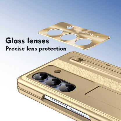 Leather Golden Electroplated Phone Case With Back Screen Glass and Stylus For Galaxy Z Fold8 Wide Ultra
