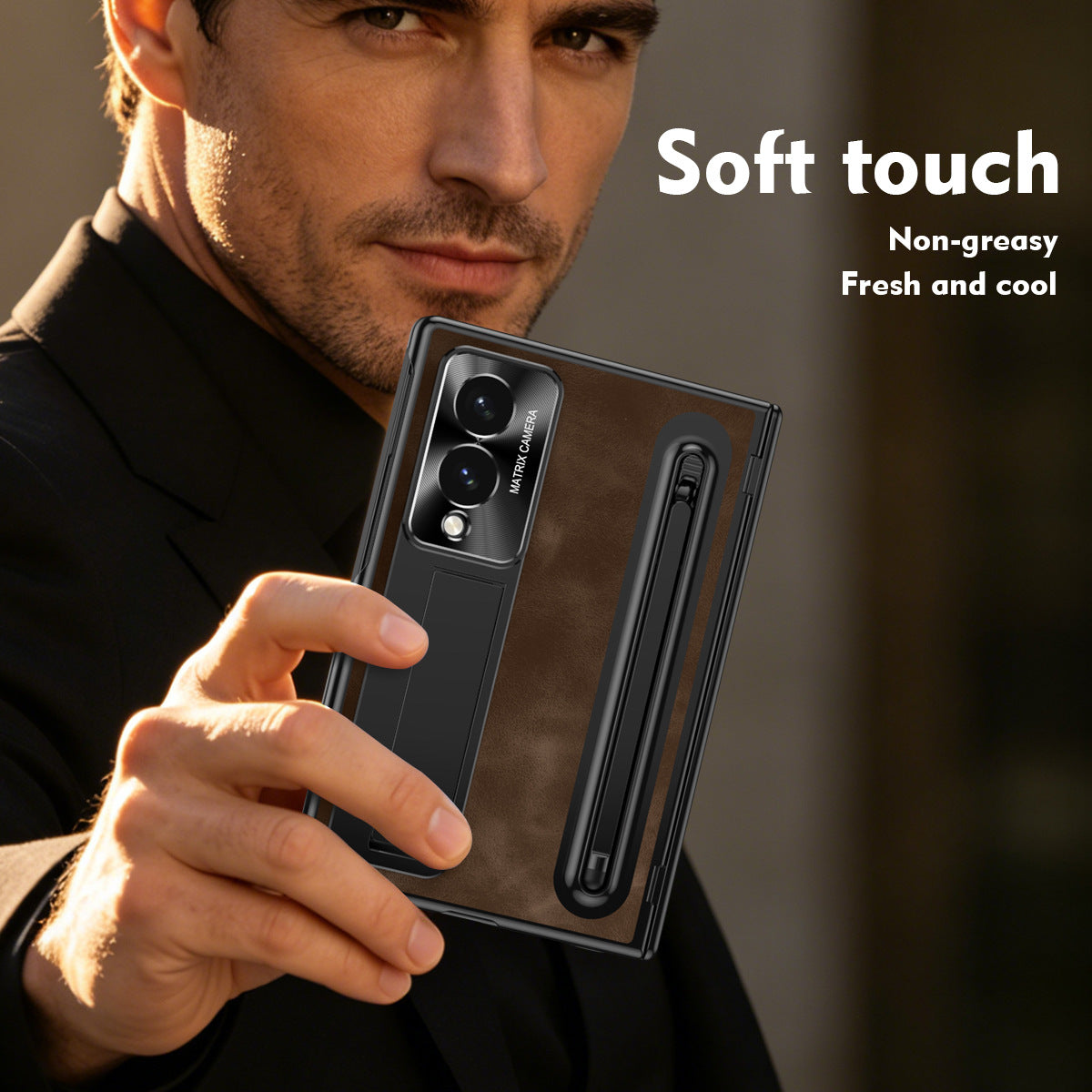 Jazz Retro Style Protective Leather Phone Case For Galaxy Fold8 Wide Ultra With Built-in Tempered Glass Film & Pen-slot & Stylus