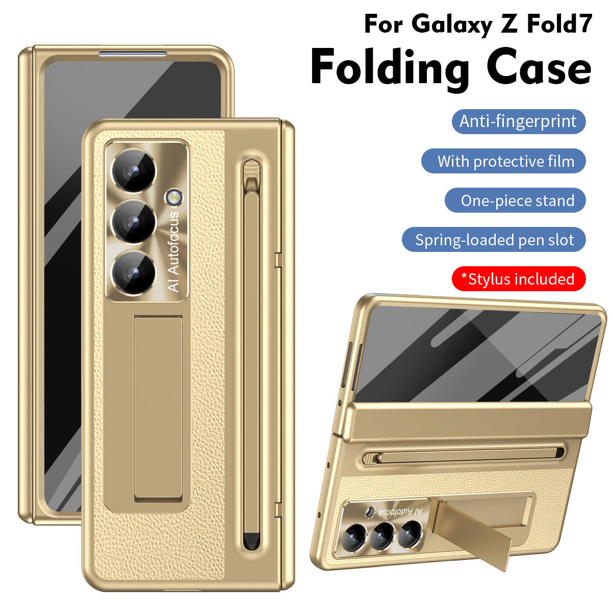 Leather Golden Electroplated Phone Case With Back Screen Glass and Stylus For Galaxy Z Fold8 Wide Ultra