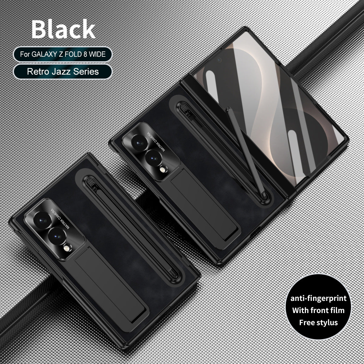 Jazz Retro Style Protective Leather Phone Case For Galaxy Fold8 Wide Ultra With Built-in Tempered Glass Film & Pen-slot & Stylus