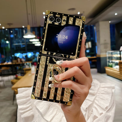 Luxury Brand Black Rose Flower Stripe Glitter Gold Phone Case With Ring & Lanyard For Samsung Galaxy Z Flip5 Flip4 Flip3