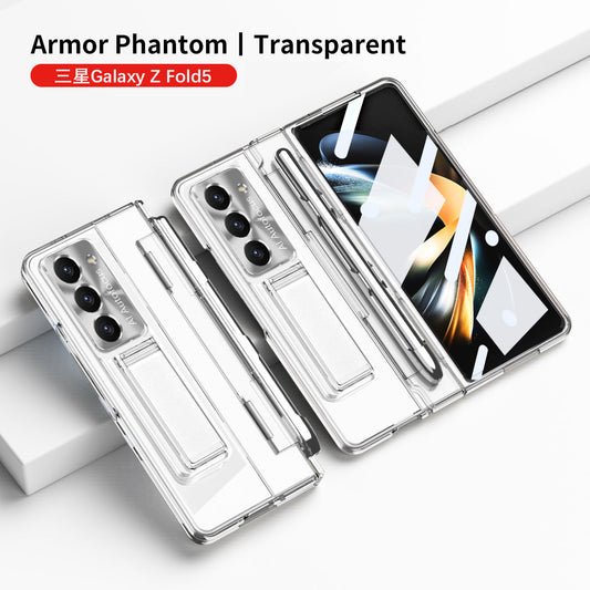 Electroplated Clear PC Galaxy Z Fold5 Fold4 Fold3 Case with Front Screen Protector & Flat Hinge & Hidden Stand And Pen Slot and Free Stylus - Mycasety Mycasety