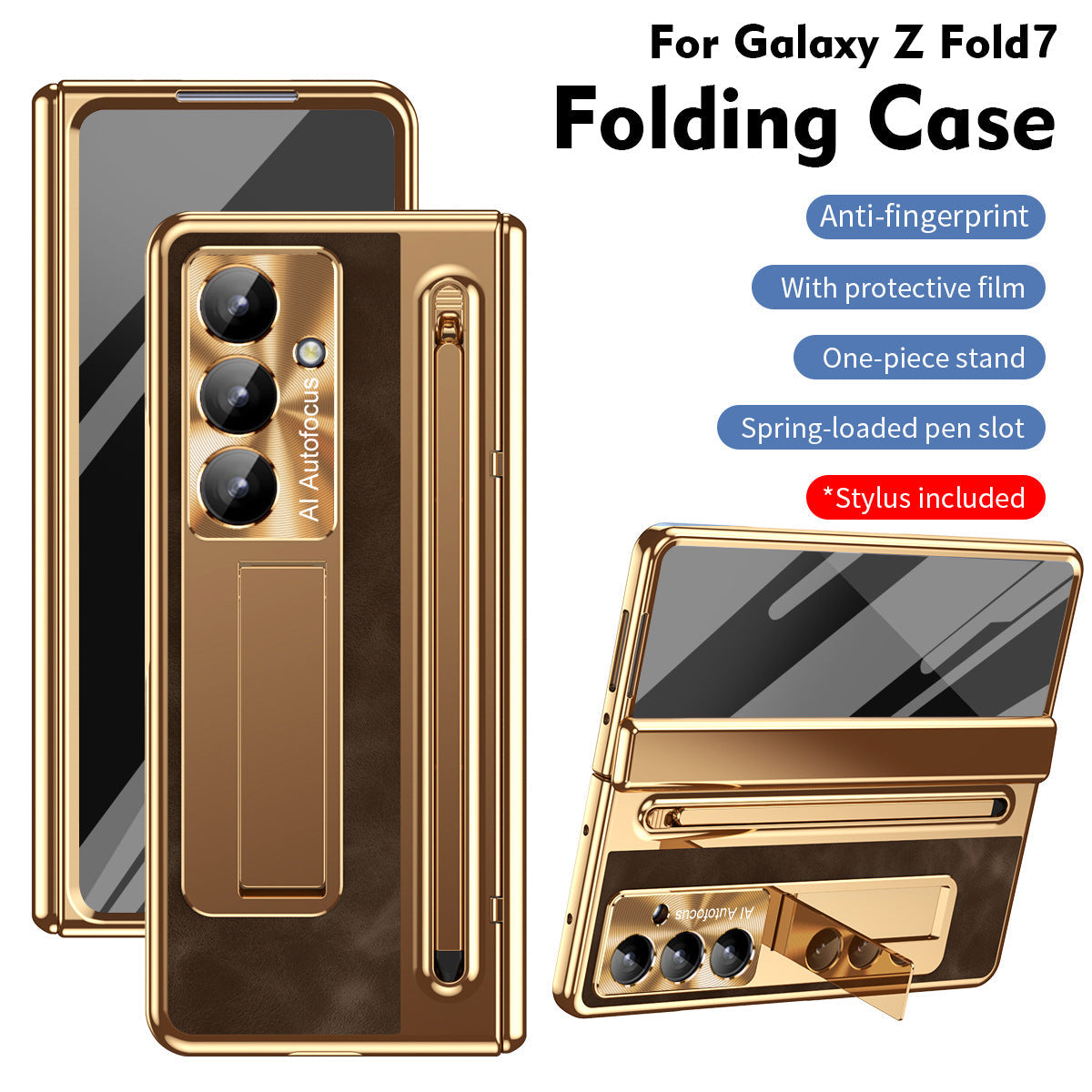 Leather Golden Electroplated Phone Case With Back Screen Glass and Stylus For Galaxy Z Fold8 Wide Ultra