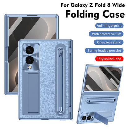 Golden Electroplated Leather Phone Case With Built-in Tempered Glass & Stylus For Galaxy Z Fold8 Wide Ultra