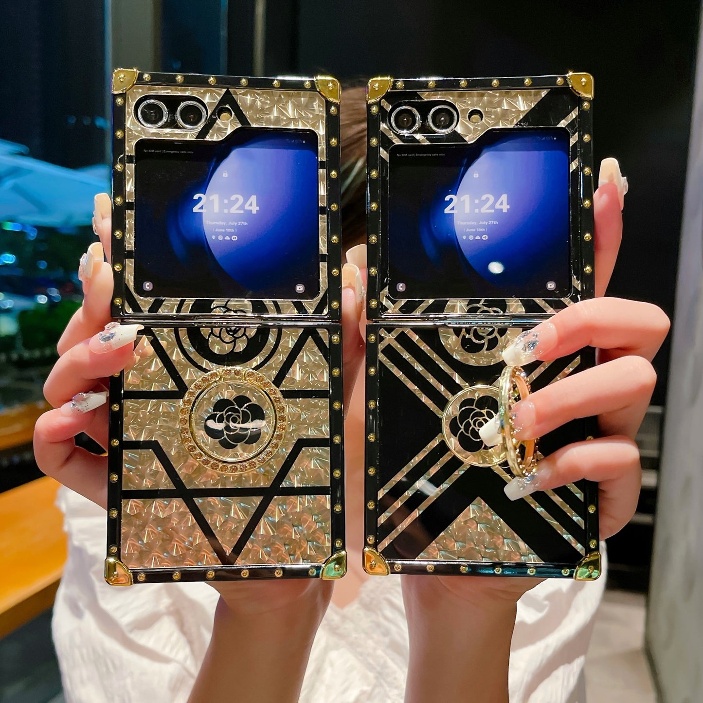 Luxury Brand Black Rose Flower Stripe Glitter Gold Phone Case With Ring & Lanyard For Samsung Galaxy Z Flip5 Flip4 Flip3