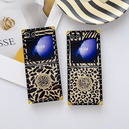 Luxury Leopard Pattern Stripe Glitter Gold Square Case For Samsung Galaxy Z Flip5 Flip4 Flip3