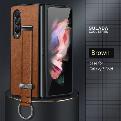 Luxurious Leather Protective Cover With Wrist Strap Bracket For Samsung Galaxy Z Fold Series