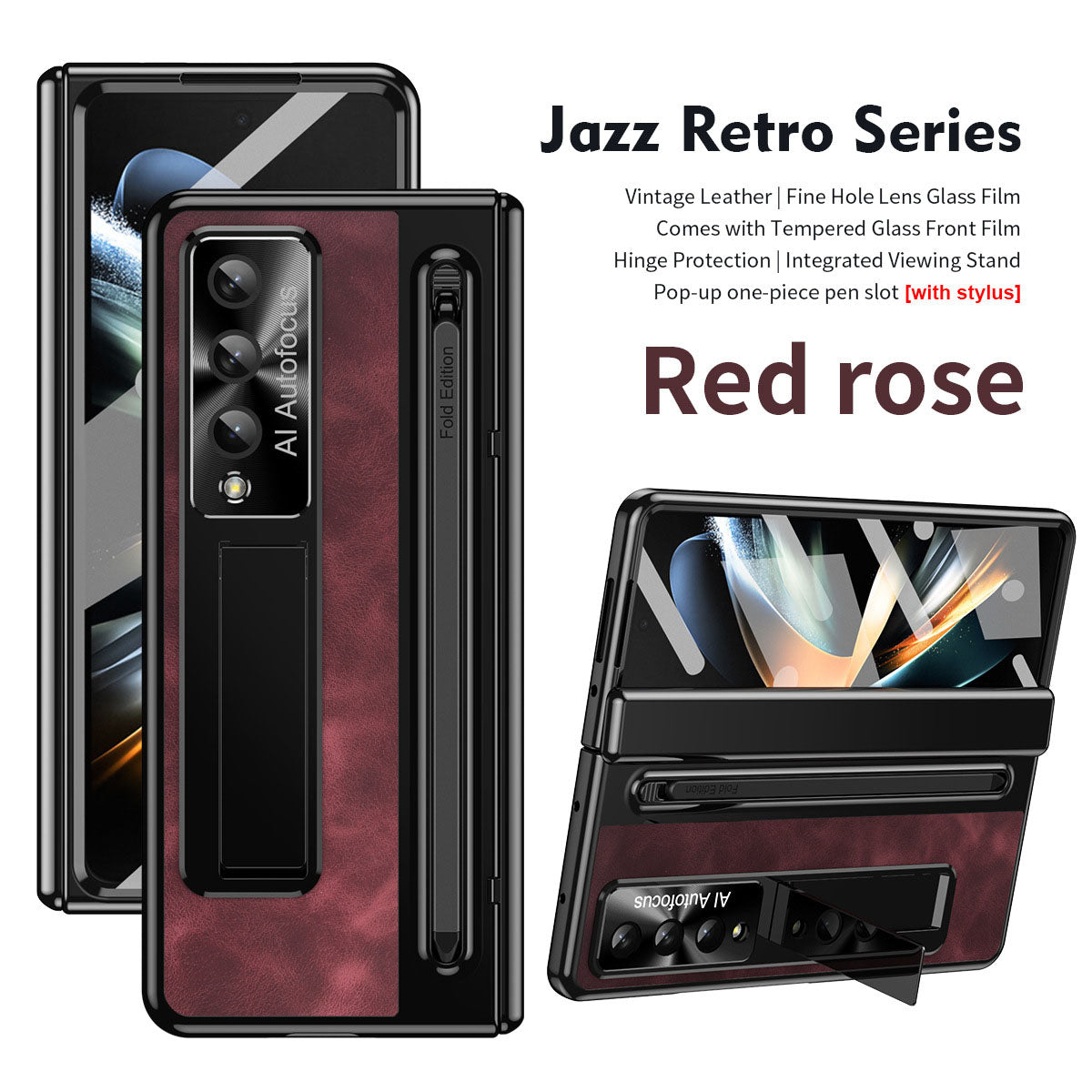Jazz Retro Style Anyi-fall Protective Leather Phone Case For Samsung Galaxy Fold5 Fold4 With Front Protection Film And Stylus - Mycasety Mycasety