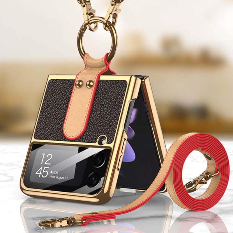 Luxury Leather Back Screen Tempered Glass Hard Frame Cover For Samsung Galaxy Z Flip4 Flip3 5G With Lanyard - {{ shop_name}} varyfun