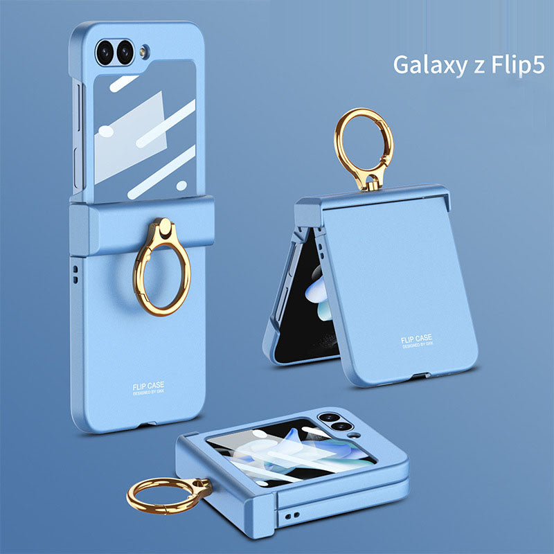 Electroplated hinge all-inclusive Case with Ring Front Screen Tempered Glass Protective Film For Samsung Galaxy Z Flip5 - mycasety2023 Mycasety