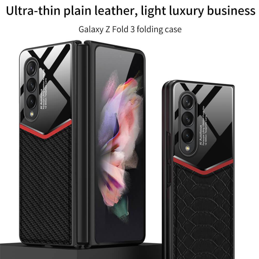 Ultra-thin Plain Leather Luxury Business Tempered Glass Case for Samsung Galaxy Z Fold 3 5G - {{ shop_name}} varyfun