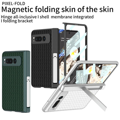Magnetic All-inclusive Woven Pattern Case With Tempered Film For Google Pixel Fold With Damped Folding Bracket