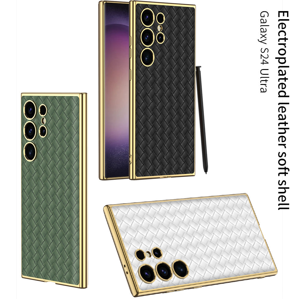 Woven Texture Electroplated Leather Phone Case For Samsung S24 S23 Ultra Plus