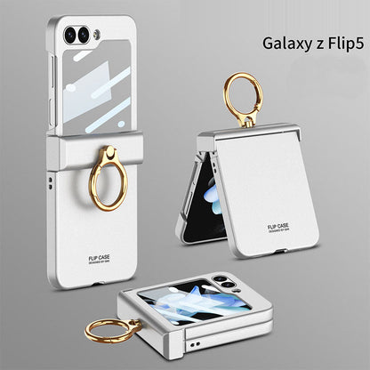 Electroplated hinge all-inclusive Case with Ring Front Screen Tempered Glass Protective Film For Samsung Galaxy Z Flip5 - mycasety2023 Mycasety